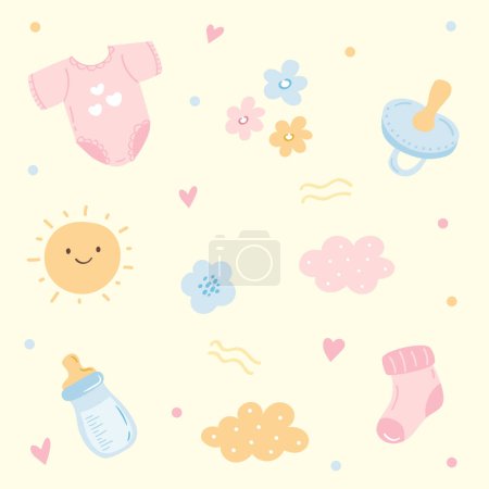 Ilustración de Lindos elementos para bebés, fondo de vectores para bebés. Tela de bebé, chupete, botella de leche, calcetín, sol, nube. - Imagen libre de derechos