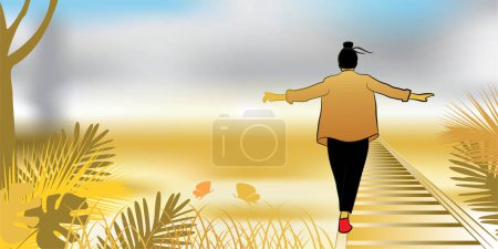 Illustration for Vector illustration design of a figure walking with balance on train tracks - Royalty Free Image