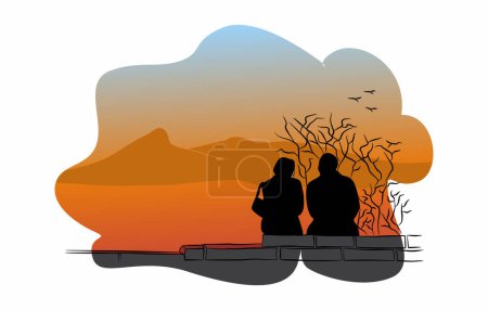 illustration design of a couple enjoying the sunset. vector background 