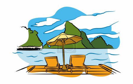 Ilustración de Nautical tourism flat illustration design on the beach near the pier. Enjoy a vacation to unwind from activities. vector - Imagen libre de derechos