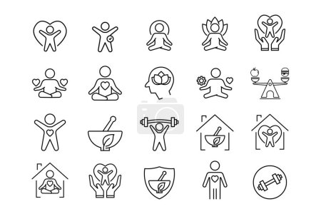 Wellness-Icon gesetzt. Yoga, Fitness, spirituelle Meditation, mentale Entspannung, Stressbewältigung, Selbstpflege. Linien-Icon-Stil-Design. Einfaches Vektordesign editierbar