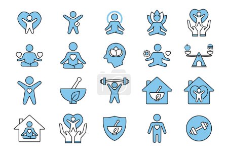 Illustration for Wellness icon set. Yoga, fitness, spirit meditation, mental relaxation, stress management, self-care. Two tone icon style design. Simple vector design editable - Royalty Free Image