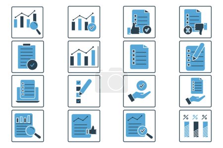 Illustration for Survey set icon. Contains icons Checklist, graph, survey form, response, etc. suitable for web site design, app, user interfaces, printable etc. Solid icon style. Simple vector design editable - Royalty Free Image