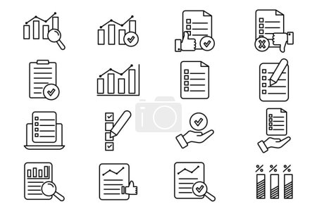Illustration for Survey set icon. Contains icons Checklist, graph, survey form, response, etc. suitable for web site design, app, user interfaces, printable etc. Line icon style. Simple vector design editable - Royalty Free Image