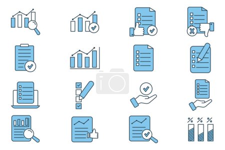 Illustration for Survey set icon. Contains icons Checklist, graph, survey form, response, etc. suitable for web site design, app, user interfaces, printable etc. Flat line icon style. Simple vector design editable - Royalty Free Image