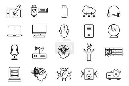 Illustration for Computer technology icon set. laptop, monitor, cloud computing, humanoid, firewall, access point, cyber security, etc. line icon style design. Simple vector design editable - Royalty Free Image