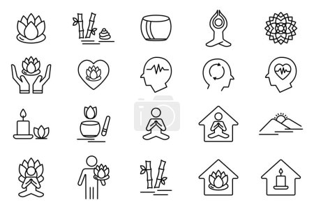 Illustration for Meditation icon set. lotus flower, yoga, meditation, mandala, zen garden, mental, etc. line icon style design. simple vector design editable - Royalty Free Image