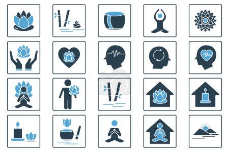 Illustration for Meditation icon set. lotus flower, yoga, meditation, mandala, zen garden, mental, etc. solid icon style design. simple vector design editable - Royalty Free Image