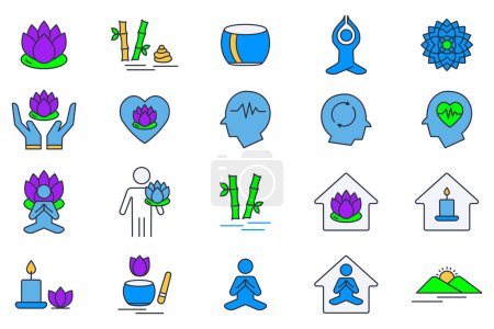 Illustration for Meditation icon set. lotus flower, yoga, meditation, mandala, zen garden, mental, etc. flat line icon style design. simple vector design editable - Royalty Free Image