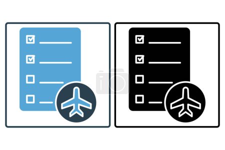 Téléchargez les illustrations : Icône de l'itinéraire de voyage. coche avec avion. icône liée au voyage, horaire de voyage prévu. style icône solide. illustration d'élément - en licence libre de droit