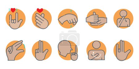 lenguaje de señas. Conjunto de iconos de lenguaje de signos. te amo, ayudo, sí, no, gracias, etc. línea plana icono de estilo. elemento de negocio vector ilustración