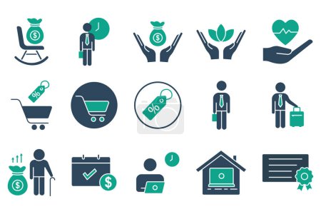 Illustration for Employee benefits icon set. contains icon retirement plan, flexible working, certificate, bonus, etc. solid icon style. business element vector illustration - Royalty Free Image