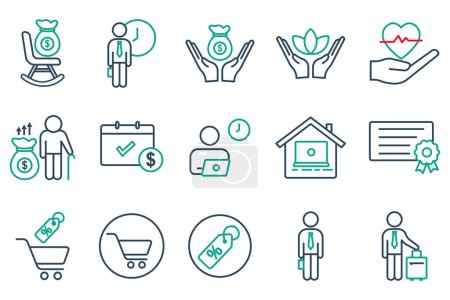Illustration for Employee benefits icon set. contains icon retirement plan, flexible working, certificate, bonus, etc. line icon style. business element vector illustration - Royalty Free Image