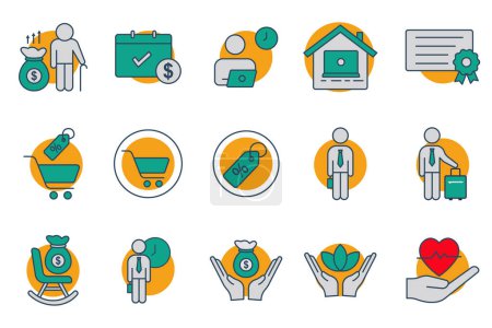 Illustration for Employee benefits icon set. contains icon retirement plan, flexible working, certificate, bonus, etc. flat line icon style. business element vector illustration - Royalty Free Image