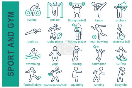 sport icons. sport and gym set icon. swimming, yoga, boxing, badminton, football player, rugby player, hockey player, and more. line icon style. sport element vector illustration