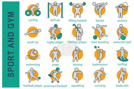 sport icons. sport and gym set icon. swimming, yoga, boxing, badminton, football player, rugby player, hockey player, and more. flat line icon style. sport element vector illustration