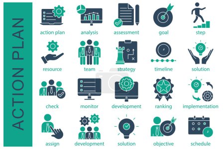 Illustration for Action plan icon set. containing action plan, analysis, assessment, goal, step, resource, and more. solid icon collection. business element vector illustration - Royalty Free Image