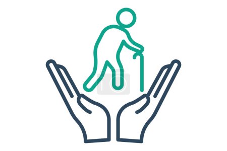Versicherungssymbol. Hand in Hand mit älteren Menschen. Symbol im Zusammenhang mit älteren Menschen. Zeilensymbolstil. Alterselement Illustration