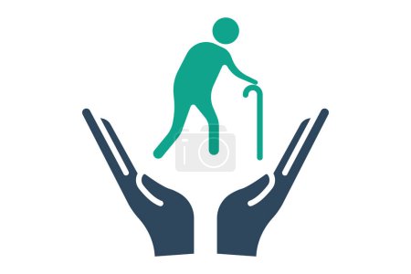 Versicherungssymbol. Hand in Hand mit älteren Menschen. Symbol im Zusammenhang mit älteren Menschen. Solider Ikonenstil. Alterselement Illustration