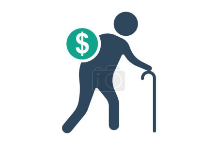 Ruhestand. Ältere Menschen benutzen Gehstock mit Dollar. Symbol im Zusammenhang mit älteren Menschen. Solider Ikonenstil. Alterselement Illustration