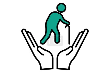 Versicherungssymbol. Hand in Hand mit älteren Menschen. Symbol im Zusammenhang mit älteren Menschen. flache Linie Icon-Stil. Alterselement Illustration