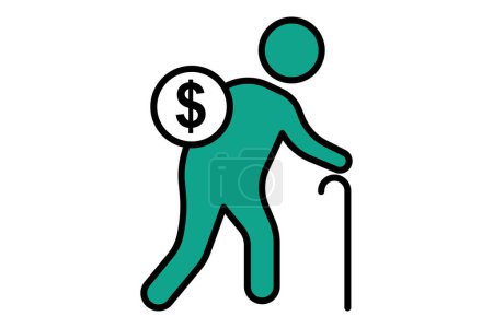 Ruhestand. Ältere Menschen benutzen Gehstock mit Dollar. Symbol im Zusammenhang mit älteren Menschen. flache Linie Icon-Stil. Alterselement Illustration