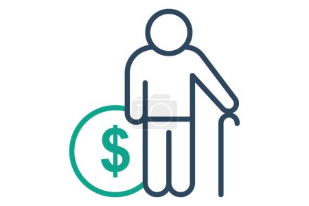 Pensionsikone. Senioren mit Dollar. Symbol im Zusammenhang mit älteren Menschen. Zeilensymbolstil. Alterselement Illustration