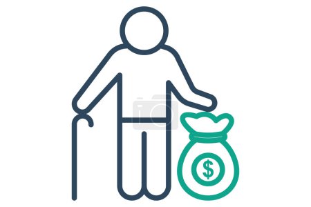 Pensionsikone. Senioren mit Geldbeutel. Symbol im Zusammenhang mit älteren Menschen. Zeilensymbolstil. Alterselement Illustration