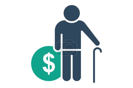 Pensionsikone. Senioren mit Dollar. Symbol im Zusammenhang mit älteren Menschen. Solider Ikonenstil. Alterselement Illustration