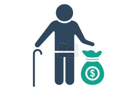 Pensionsikone. Senioren mit Geldbeutel. Symbol im Zusammenhang mit älteren Menschen. Solider Ikonenstil. Alterselement Illustration