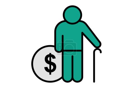 Pensionsikone. Senioren mit Dollar. Symbol im Zusammenhang mit älteren Menschen. flache Linie Icon-Stil. Alterselement Illustration