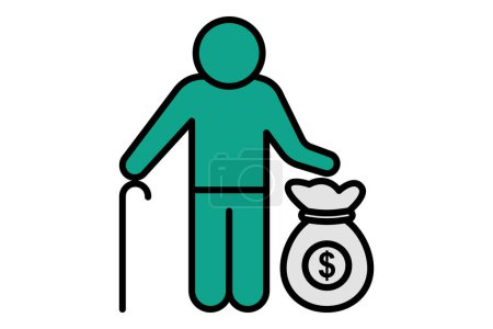 Pensionsikone. Senioren mit Geldbeutel. Symbol im Zusammenhang mit älteren Menschen. flache Linie Icon-Stil. Alterselement Illustration