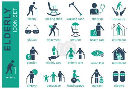 elderly icon set. elderly care, pension, vision loss and more. solid icon style. old age element vector illustration