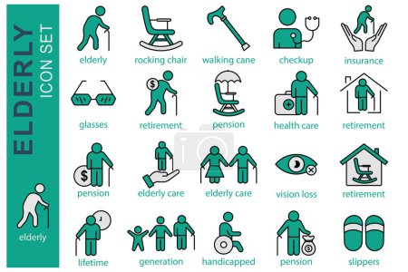 elderly icon set. elderly care, pension, vision loss and more. flat line icon style. old age element vector illustration