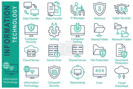 Information technology icon set. data transfer, cyber security, computer setting and more. line icon style. technology element vector illustration