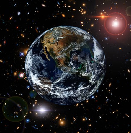 Téléchargez les photos : Vue de la planète Terre depuis l'espace. Gaz, nébuleuse, étoiles. Les éléments de cette image fournis par la NASA - en image libre de droit