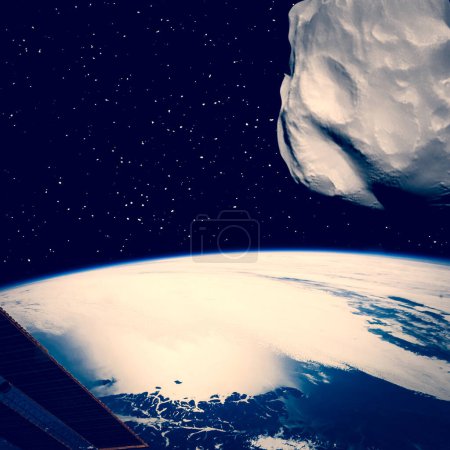 Asteroid above the earth. Elements of this image furnished by NASA