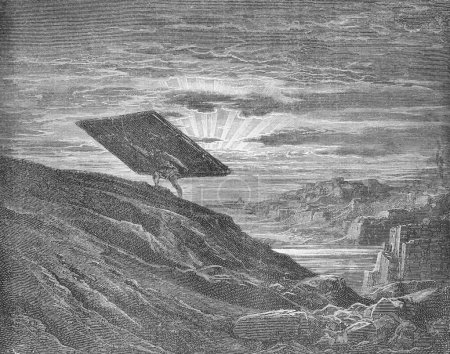 Samson trägt die Tore der Stadt zum Berg in dem alten Buch Die Bibel in Bildern, von G. Doreh, 1897