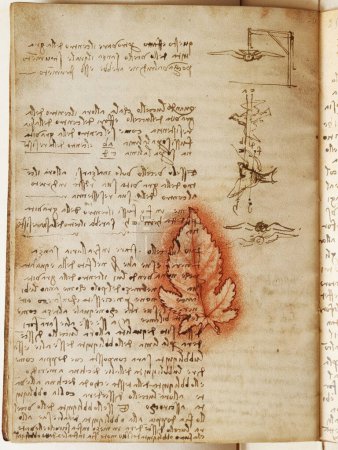 Foto de Manuscrito, dibujos, hoja roja de Leonardo Da Vinci en el viejo libro The Codice Sul Volo, de E. Rouveyre, 1893 - Imagen libre de derechos