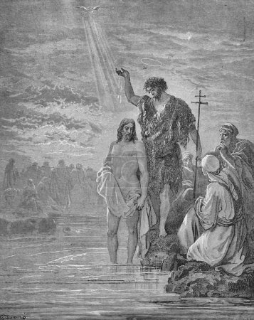Téléchargez les photos : Baptême de Jésus-Christ dans l'ancien livre La Bible en images, par G. Doreh, 189 - en image libre de droit