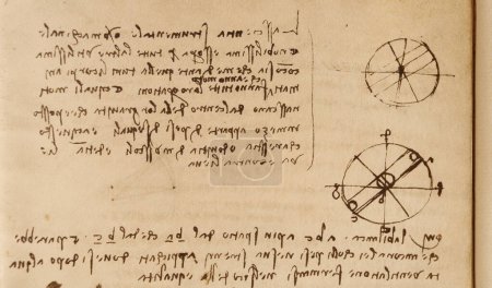 Photo for Manuscript, drawings, blueprints, circle by Leonardo Da Vinci in the old book The Codice Sul Volo, by E. Rouveyre , 1893 - Royalty Free Image