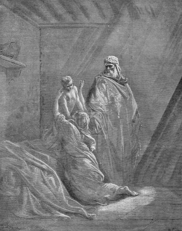 Foto de Elías levanta al hijo de la viuda de Sarepta en el viejo libro La Biblia en imágenes, de G. Doreh, 1897 - Imagen libre de derechos