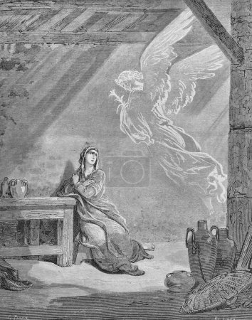 Téléchargez les photos : Un ange informe Marie de sa mission dans l'ancien livre La Bible en images, par G. Doreh, 189 - en image libre de droit