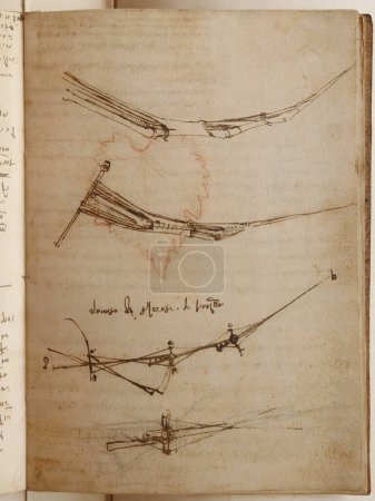 Foto de Ala de pájaro, dibujo de Leonardo Da Vinci en el viejo libro The Codice Sul Volo, de E. Rouveyre, 1893 - Imagen libre de derechos