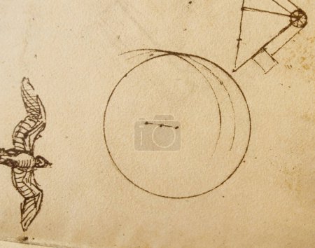 Foto de Manuscrito, dibujos, anillo, pájaro de Leonardo Da Vinci en el viejo libro The Codice Sul Volo, de E. Rouveyre, 1893 - Imagen libre de derechos