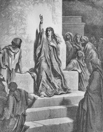 Deborah singt ein feierliches Siegeslied in dem alten Buch Die Bibel in Bildern, von G. Doreh, 1897