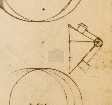 Foto de Manuscrito, planos, anillo, triángulo de Leonardo Da Vinci en el viejo libro The Codice Sul Volo, de E. Rouveyre, 1893 - Imagen libre de derechos