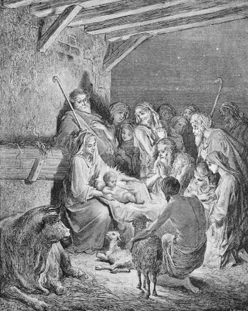 Téléchargez les photos : Naissance du Seigneur Jésus-Christ dans l'ancien livre La Bible en images, par G. Doreh, 189 - en image libre de droit