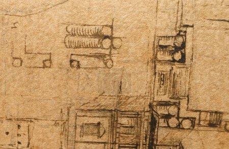 Téléchargez les photos : Manuscrit, dessins, plans, projet de maison de Léonard de Vinci dans l'ancien livre Le Codice Sul Volo, par E. Rouveyre, 1893 - en image libre de droit