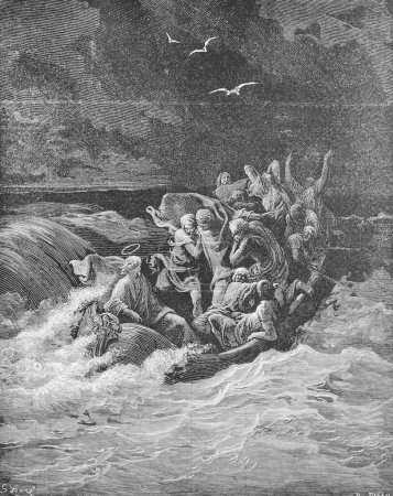 Téléchargez les photos : Jésus apaisant la tempête, disciples dans la barque dans le vieux livre La Bible en images, par G. Doreh, 189 - en image libre de droit